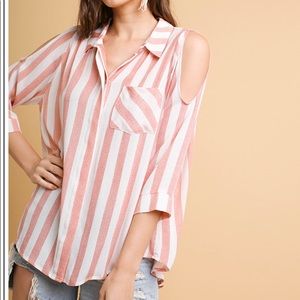 Striped cold shoulder button down top.